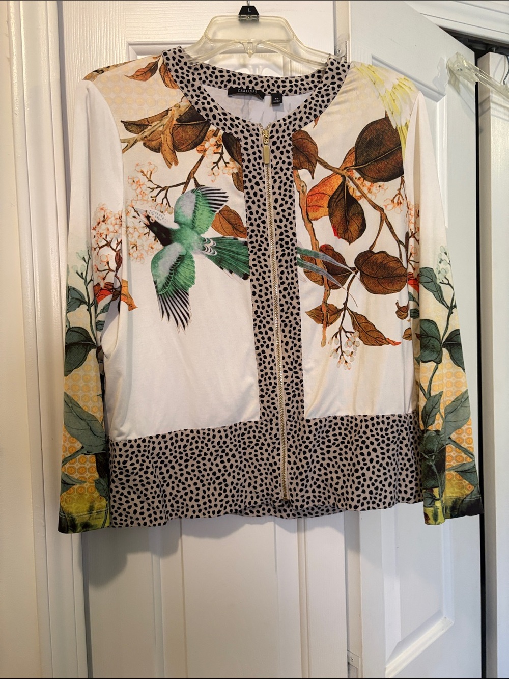 Carlisle White Botanical & Bird Zip Jacket with Green Accents